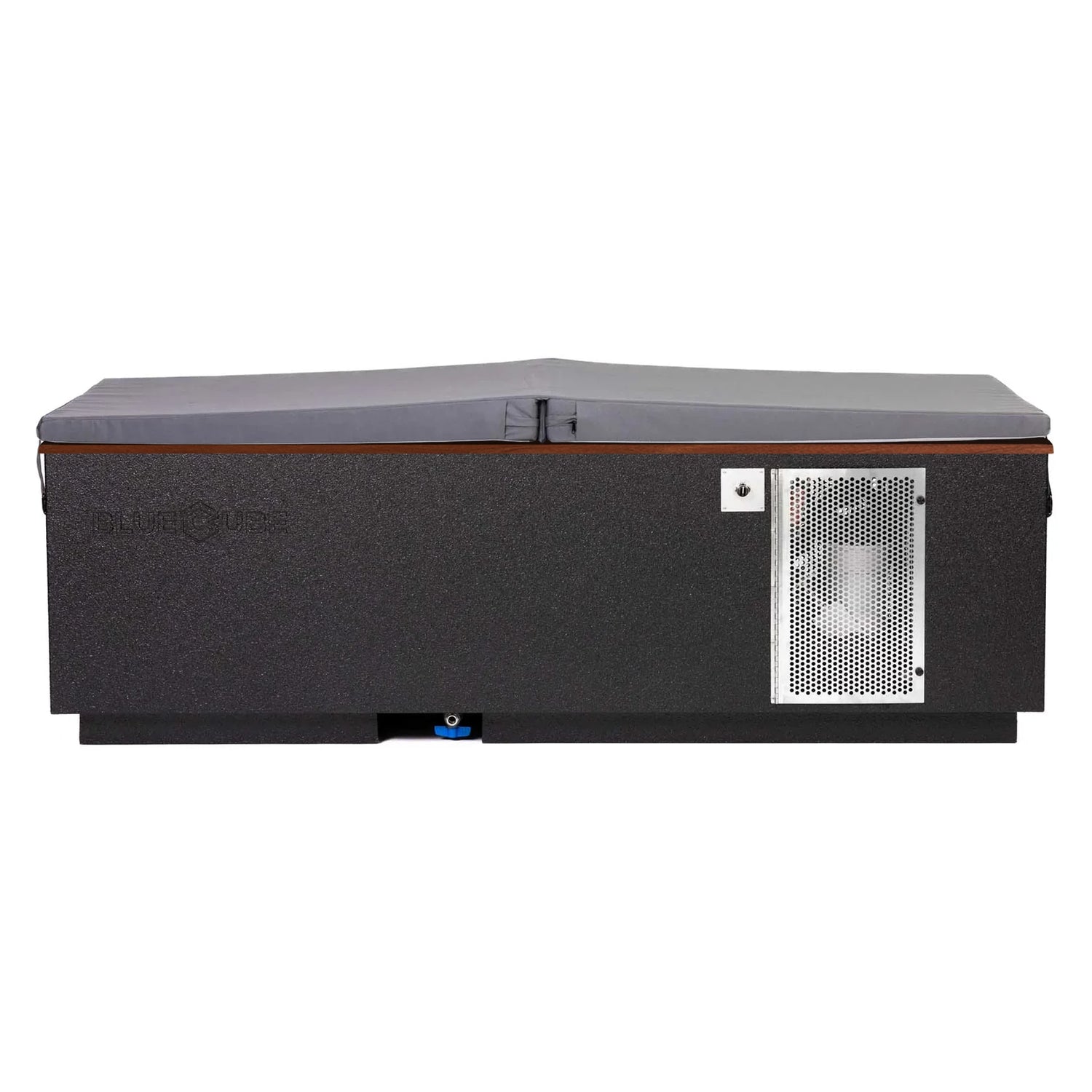 Black BlueCube CoreChill 3 Cold Plunge Tub with walnut top and spa cover which is commercial grade and handmade in America