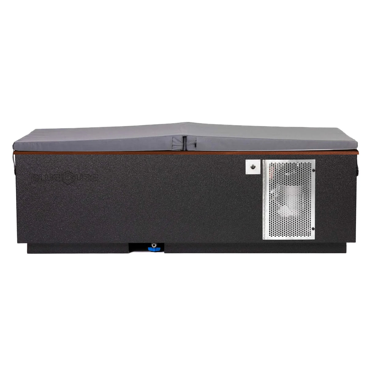 Black BlueCube CoreChill 3 Cold Plunge Tub with walnut top and spa cover which is commercial grade and handmade in America