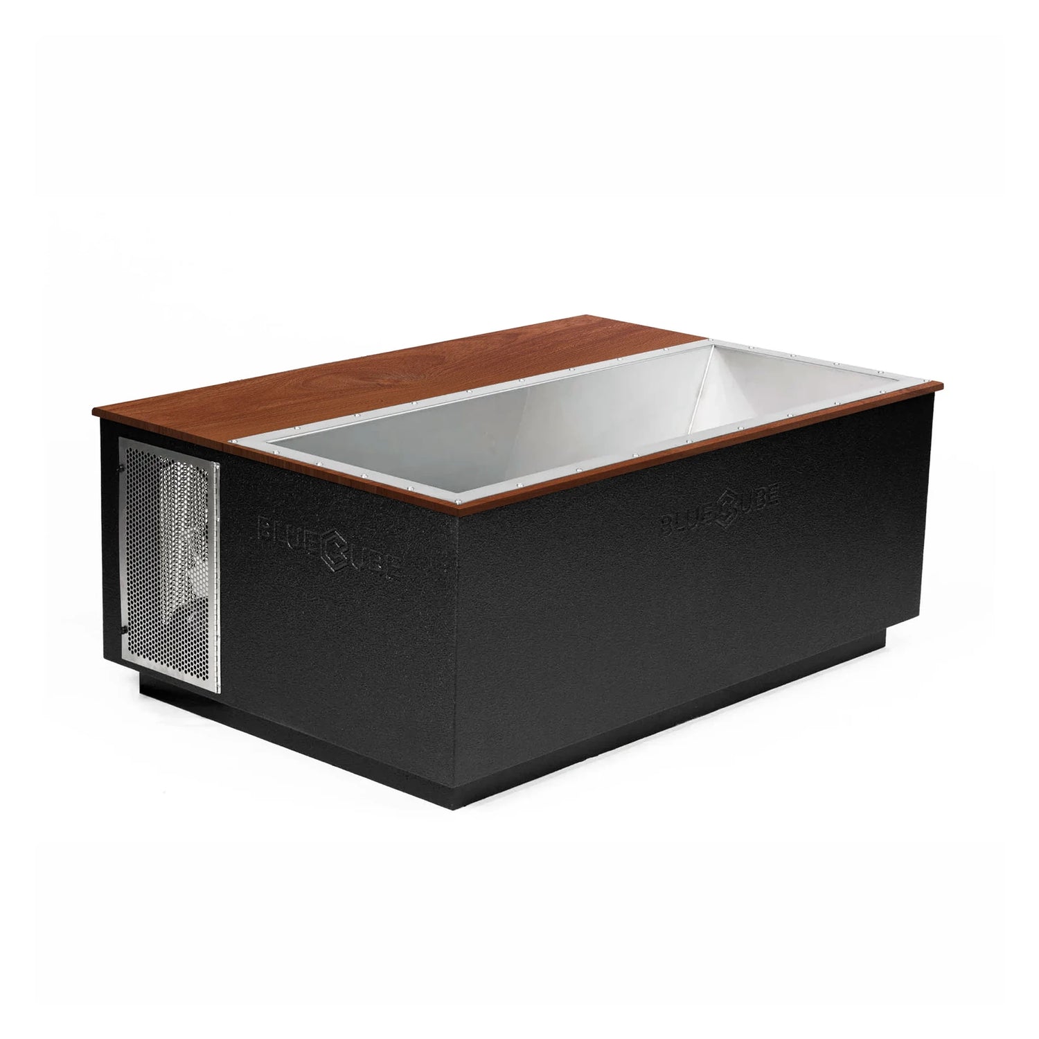 Black BlueCube CoreChill 3 Elite Cold Plunge Tub with line-x coating and walnut top which is commercial grade and handmade in America
