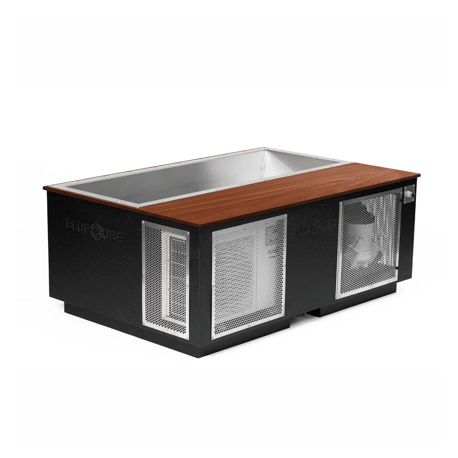 Black BlueCube CoreChill 3 Elite Cold Plunge Tub with line-x coating and walnut top which is commercial grade and handmade in America