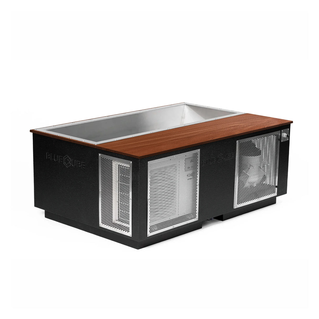 Black BlueCube CoreChill 3 Elite Cold Plunge Tub with line-x coating and walnut top which is commercial grade and handmade in America