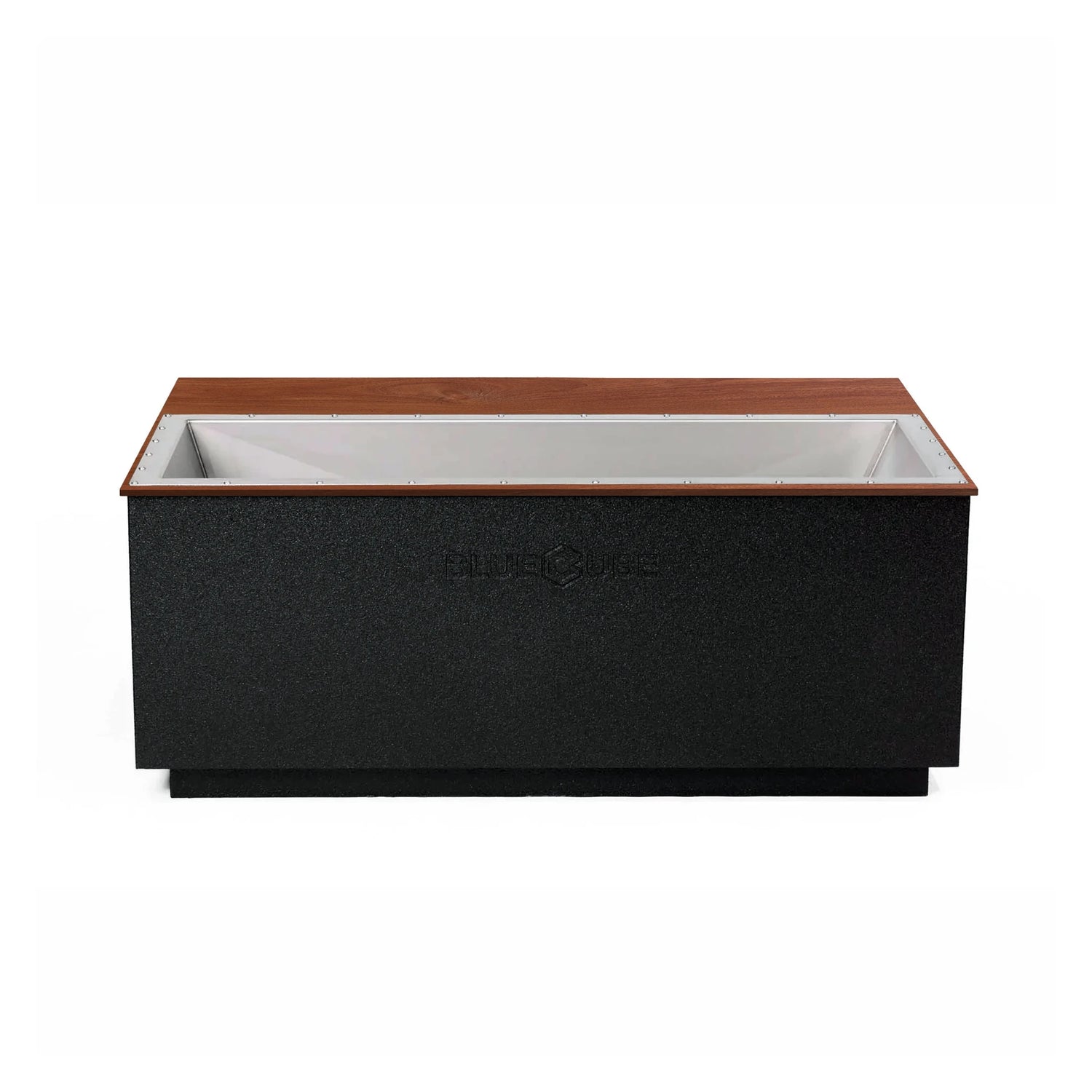 Black BlueCube CoreChill 3 Elite Cold Plunge Tub with line-x coating and walnut top which is commercial grade and handmade in America