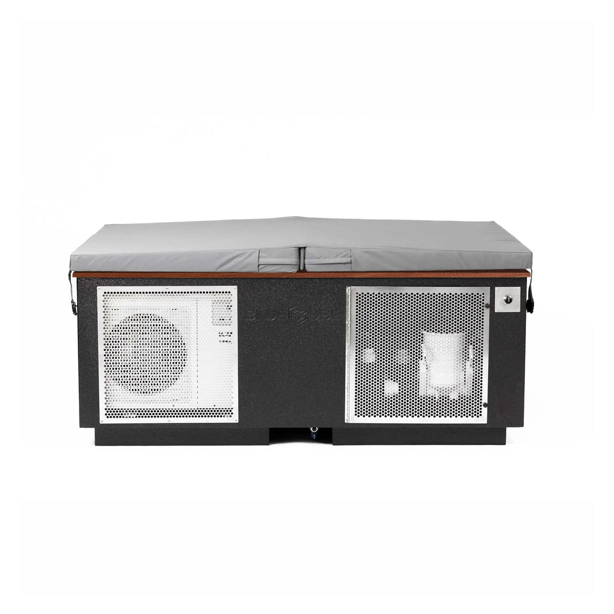 Black BlueCube CoreChill 3 Elite Cold Plunge Tub with line-x coating and walnut top which is commercial grade and handmade in America