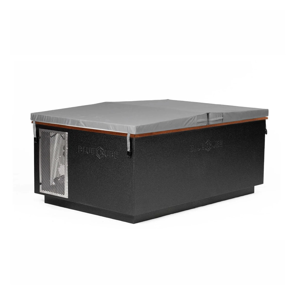 Black BlueCube CoreChill 3 Elite Cold Plunge Tub with line-x coating and walnut top which is commercial grade and handmade in America