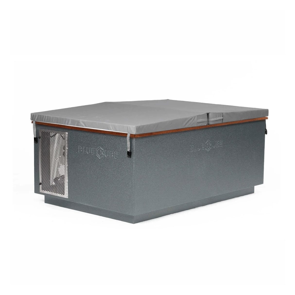 Gray BlueCube CoreChill 3 Elite Cold Plunge Tub with line-x coating and walnut top which is commercial grade and handmade in America