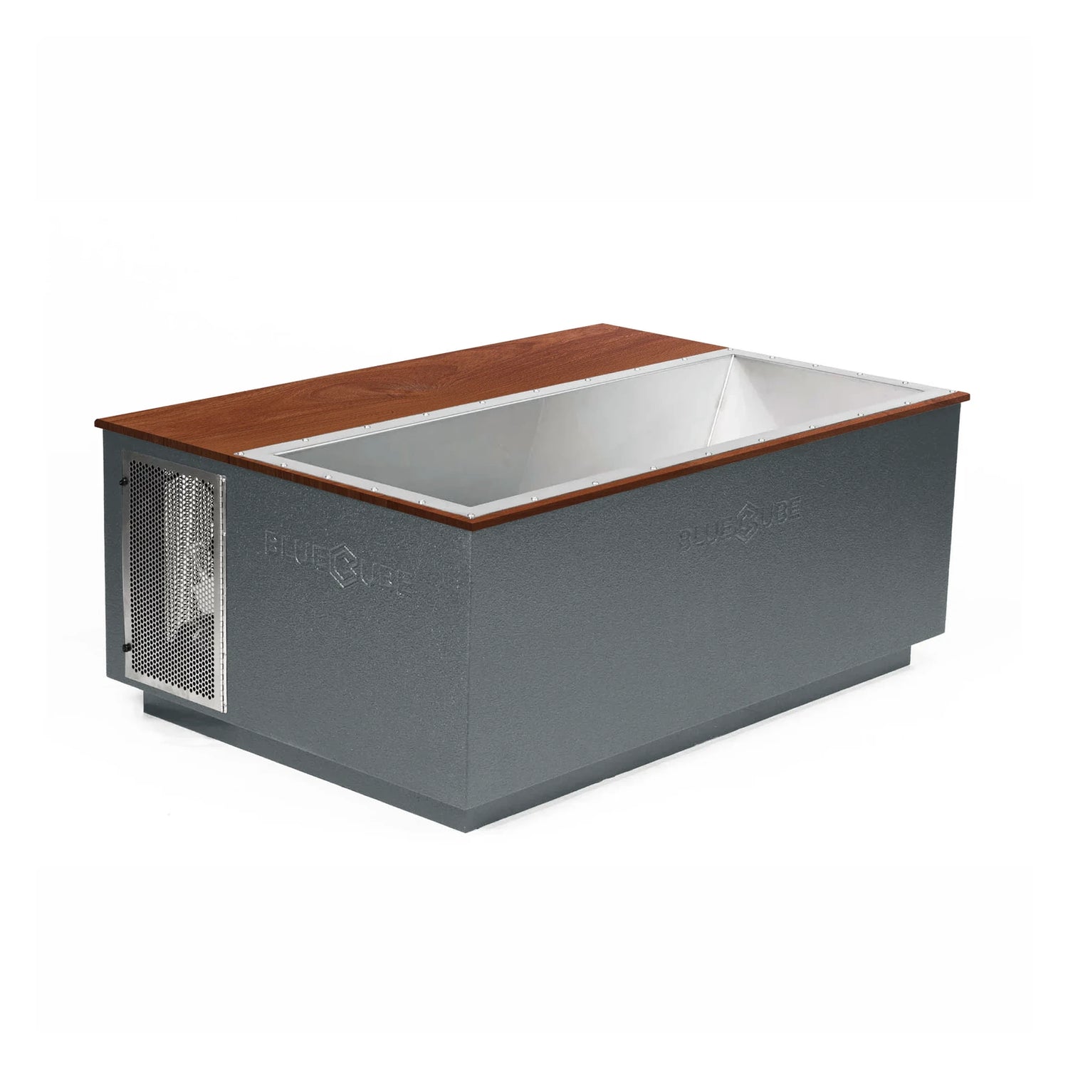 Gray BlueCube CoreChill 3 Elite Cold Plunge Tub with line-x coating and walnut top which is commercial grade and handmade in America
