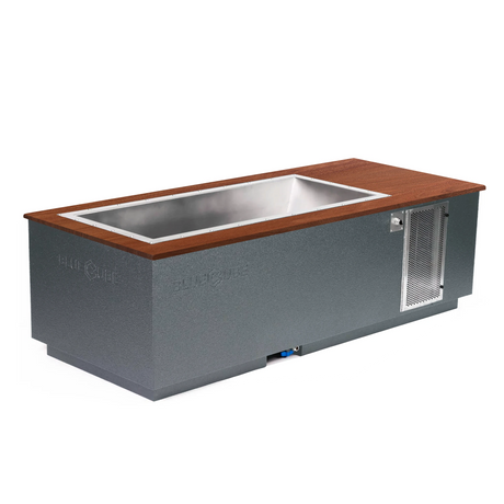 Gray BlueCube CoreChill 3 Cold Plunge Tub with walnut top which is commercial grade and handmade in America