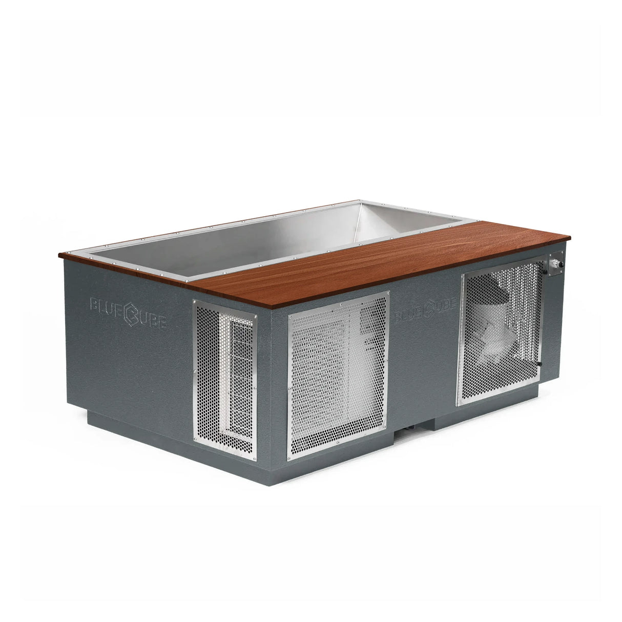 Gray BlueCube CoreChill 3 Elite Cold Plunge Tub with line-x coating and walnut top which is commercial grade and handmade in America