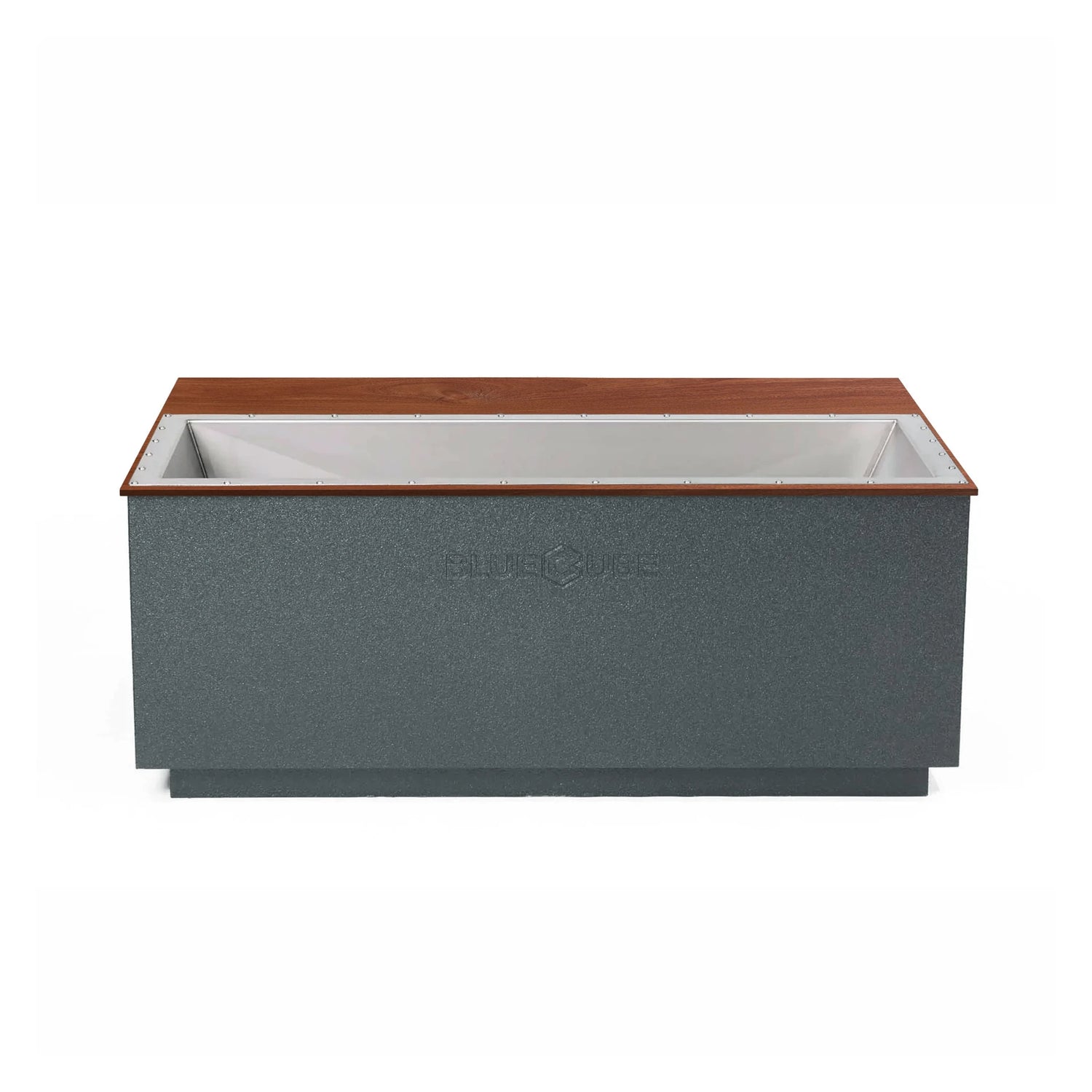 Gray BlueCube CoreChill 3 Elite Cold Plunge Tub with line-x coating and walnut top which is commercial grade and handmade in America