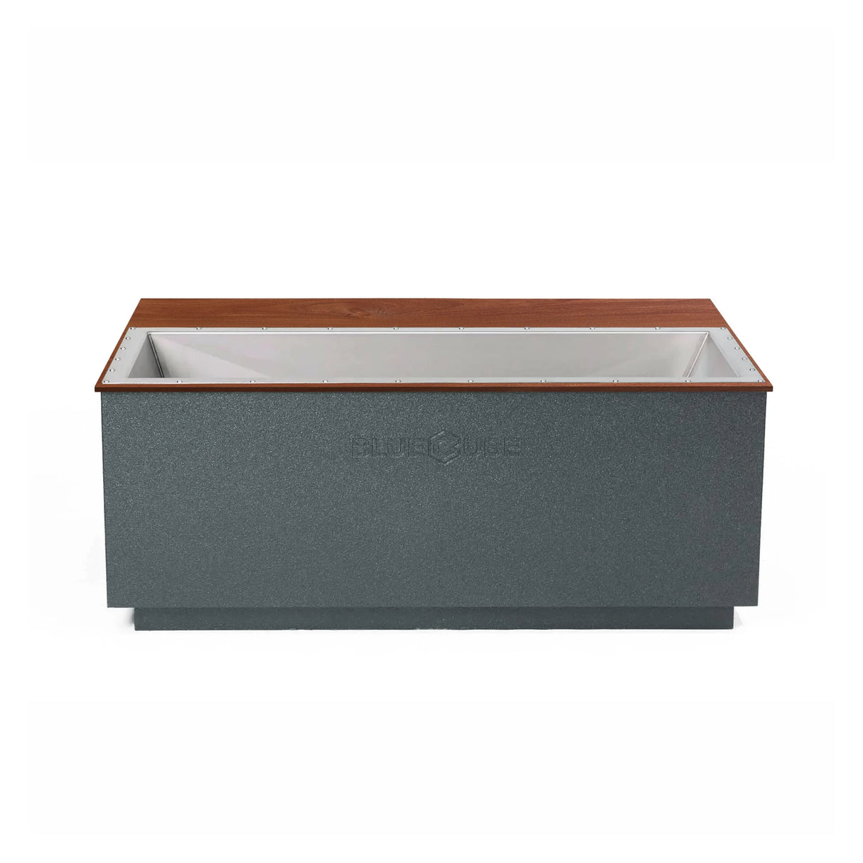Gray BlueCube CoreChill 3 Elite Cold Plunge Tub with line-x coating and walnut top which is commercial grade and handmade in America