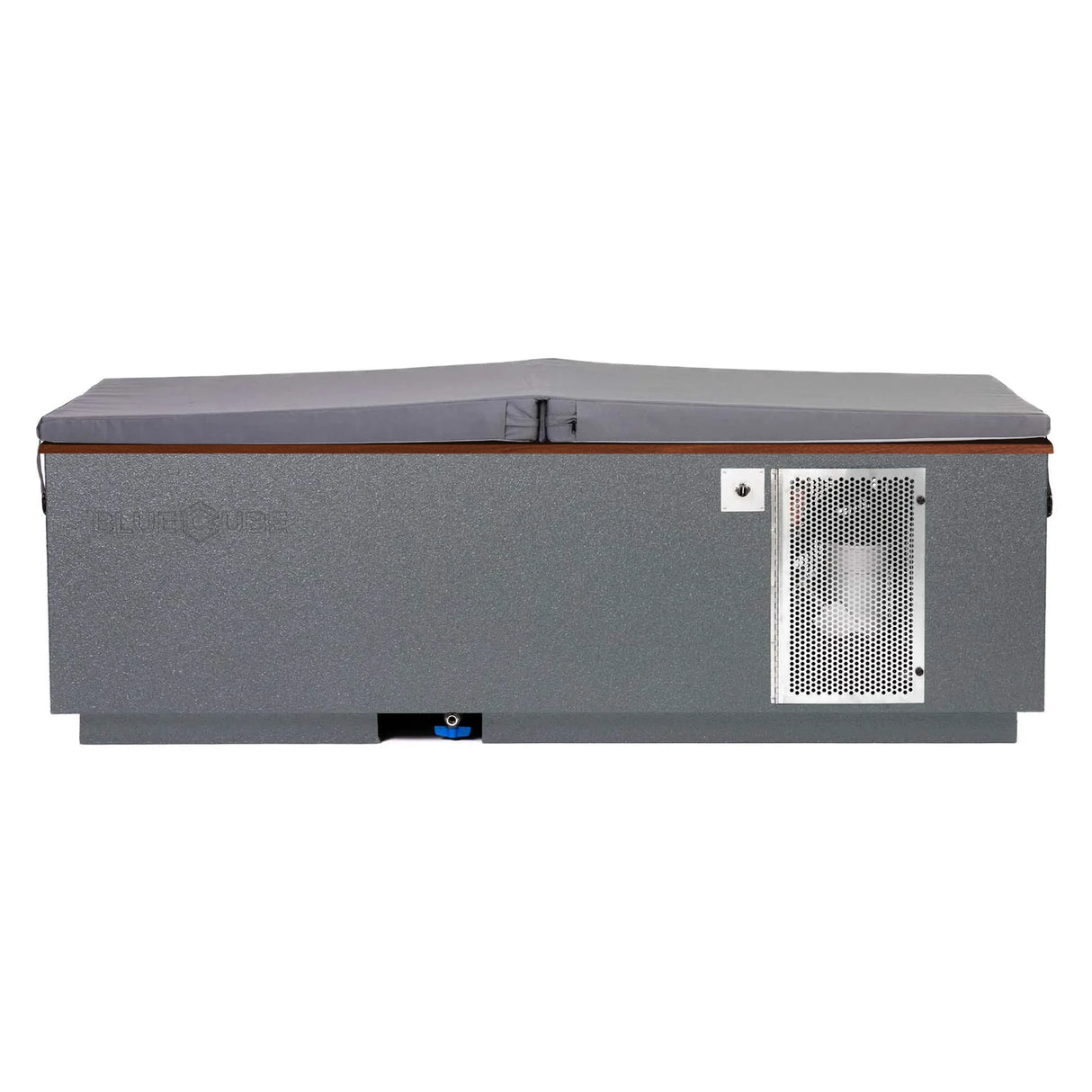 Gray BlueCube CoreChill 3 Cold Plunge Tub with walnut top and spa cover which is commercial grade and handmade in America