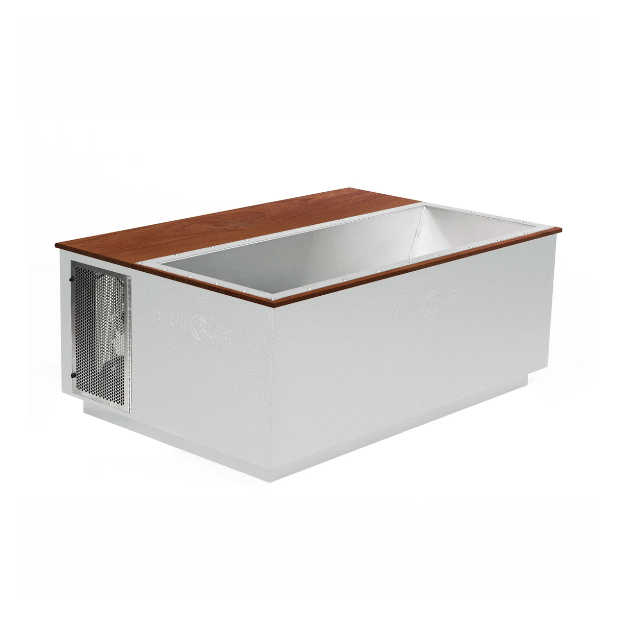 White BlueCube CoreChill 3 Elite Cold Plunge Tub with line-x coating and walnut top which is commercial grade and handmade in America