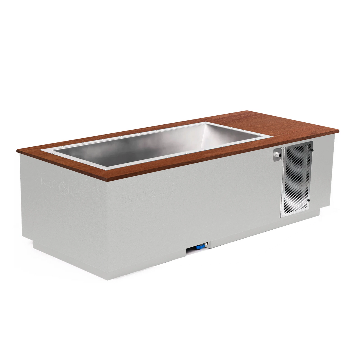 White BlueCube CoreChill 3 Cold Plunge Tub with walnut top which is commercial grade and handmade in America