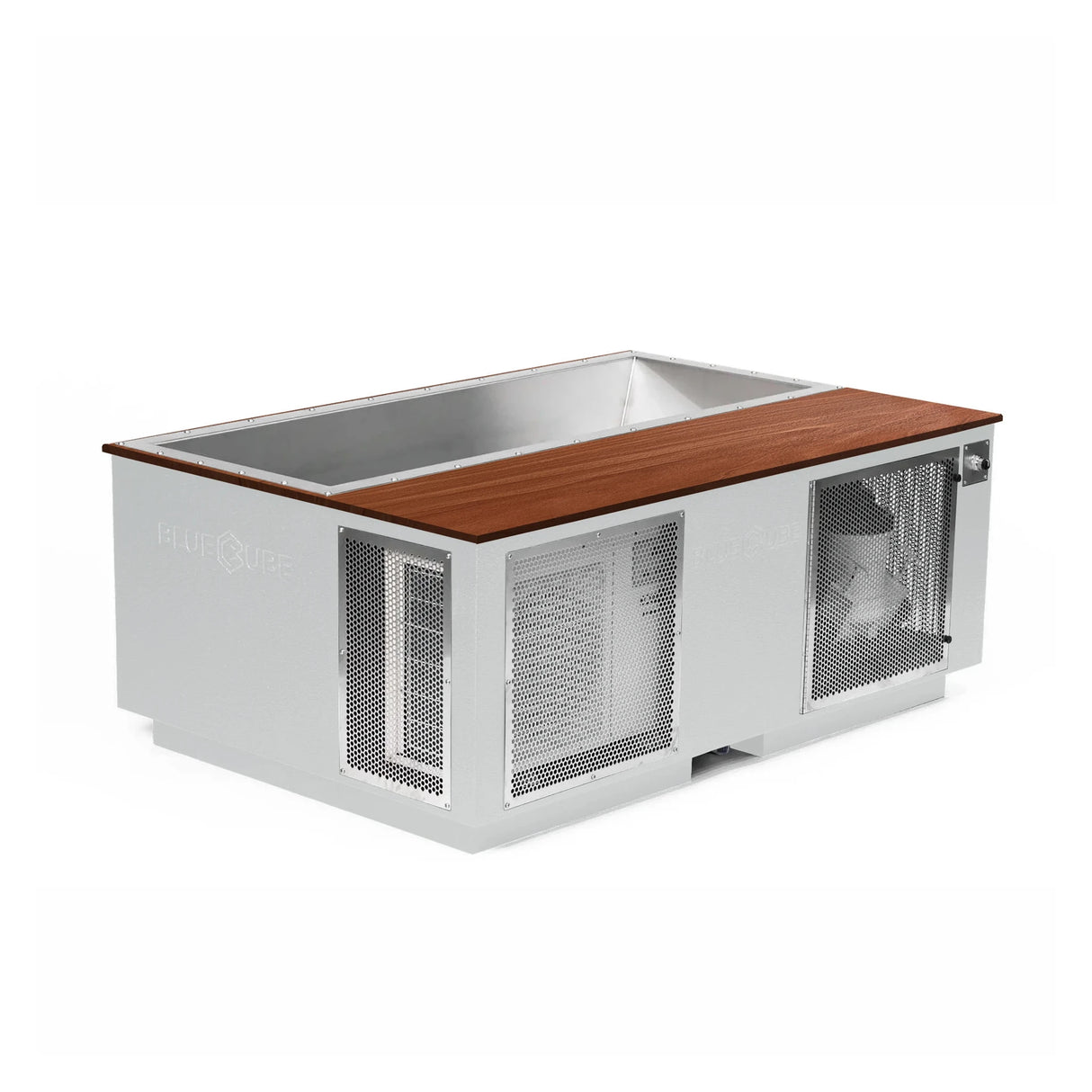 White BlueCube CoreChill 3 Elite Cold Plunge Tub with line-x coating and walnut top which is commercial grade and handmade in America