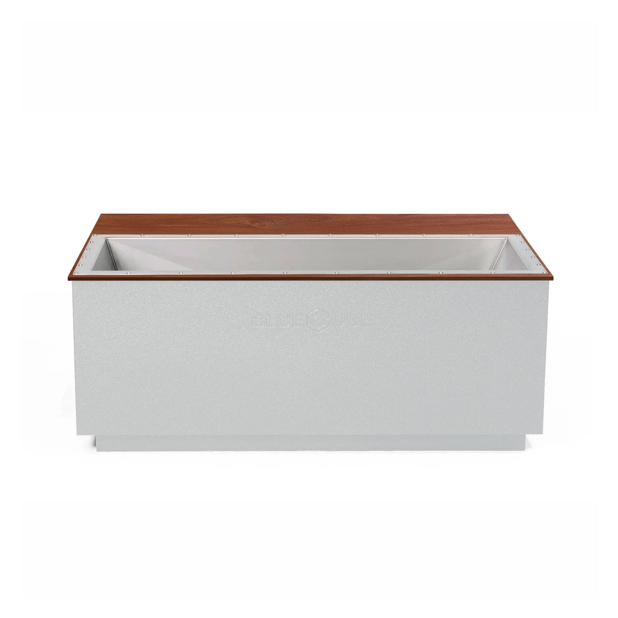 White BlueCube CoreChill 3 Elite Cold Plunge Tub with line-x coating and walnut top which is commercial grade and handmade in America