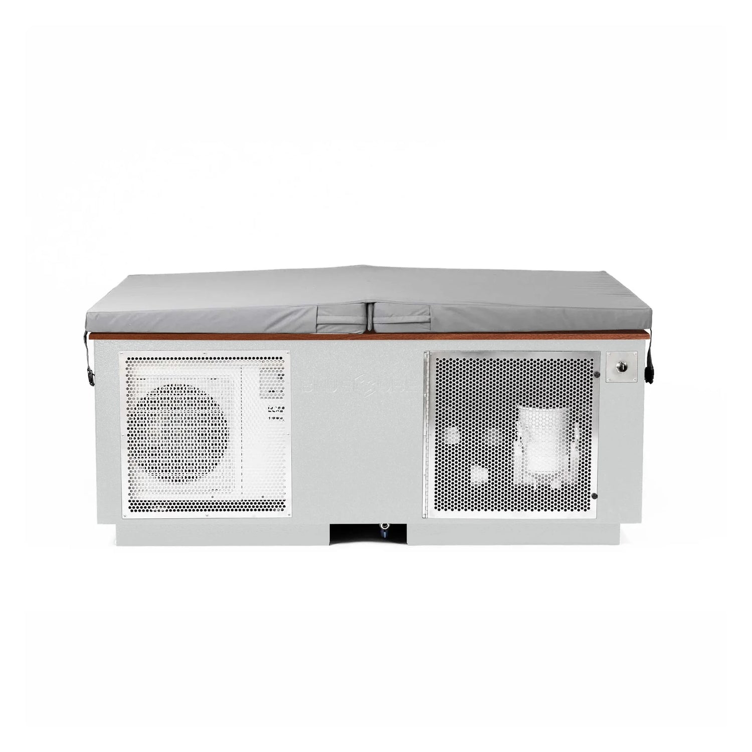 White BlueCube CoreChill 3 Elite Cold Plunge Tub with line-x coating and walnut top which is commercial grade and handmade in America