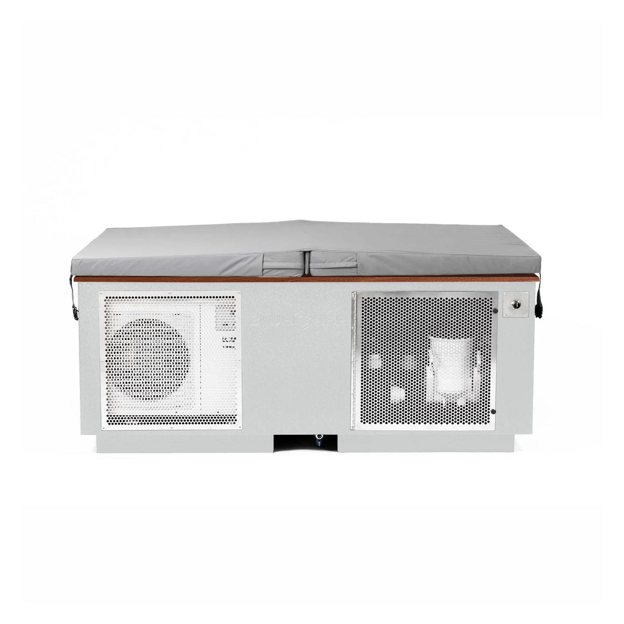 White BlueCube CoreChill 3 Elite Cold Plunge Tub with line-x coating and walnut top which is commercial grade and handmade in America