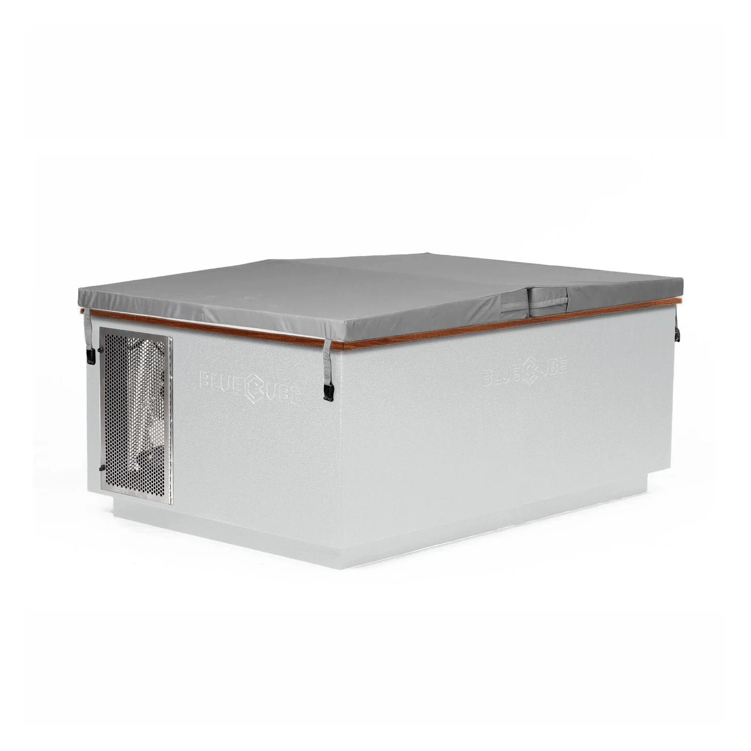 White BlueCube CoreChill 3 Elite Cold Plunge Tub with line-x coating and walnut top which is commercial grade and handmade in America