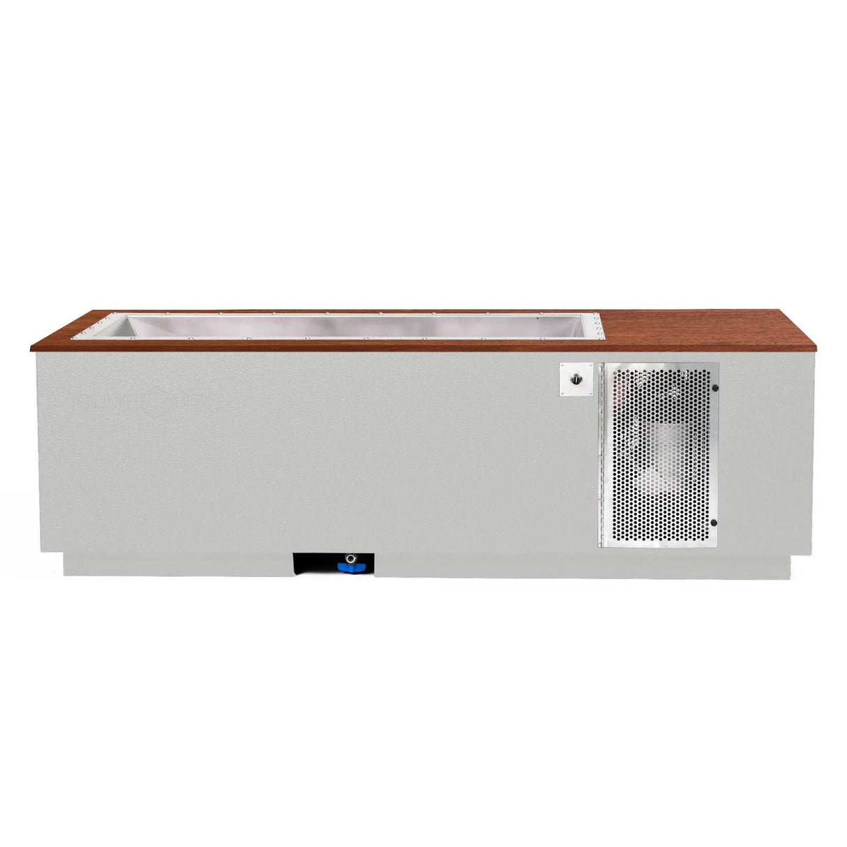 White BlueCube CoreChill 3 Cold Plunge Tub with walnut top which is commercial grade and handmade in America