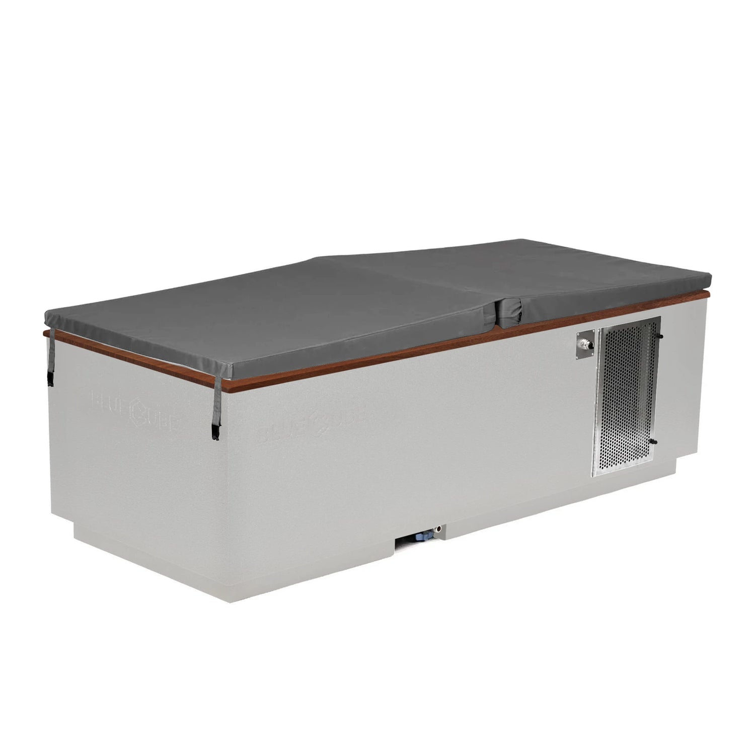 White BlueCube CoreChill 3 Cold Plunge Tub with walnut top and spa cover which is commercial grade and handmade in America