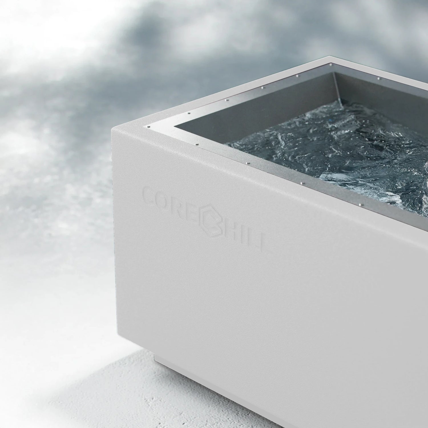 White BlueCube CoreChill 1 Mini Cold Plunge Tub with line-x coating which is commercial grade and handmade in America