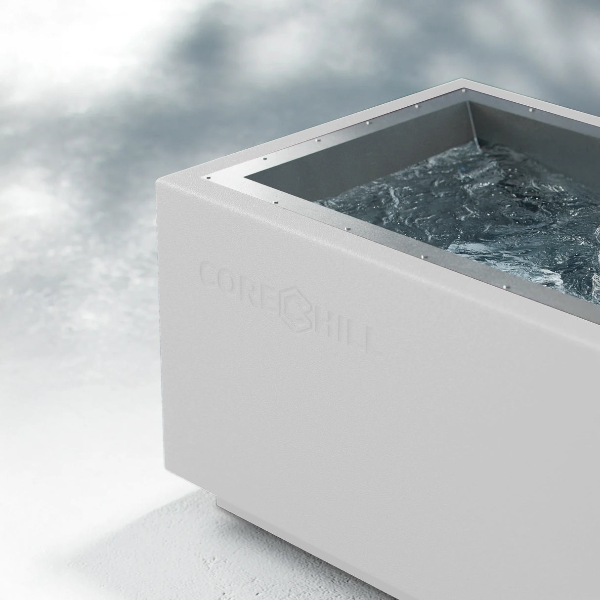 White BlueCube CoreChill 1 Mini Cold Plunge Tub with line-x coating which is commercial grade and handmade in America