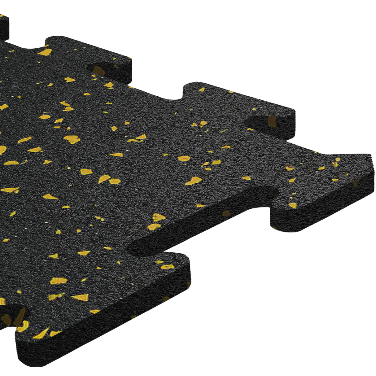 Close-up of ECORE Rubber Floor Tiles - 8mm Interlocking by ECORE Athletic, featuring black tiles with yellow speckles, textured surfaces, and puzzle-like edges designed for easy flooring installation.