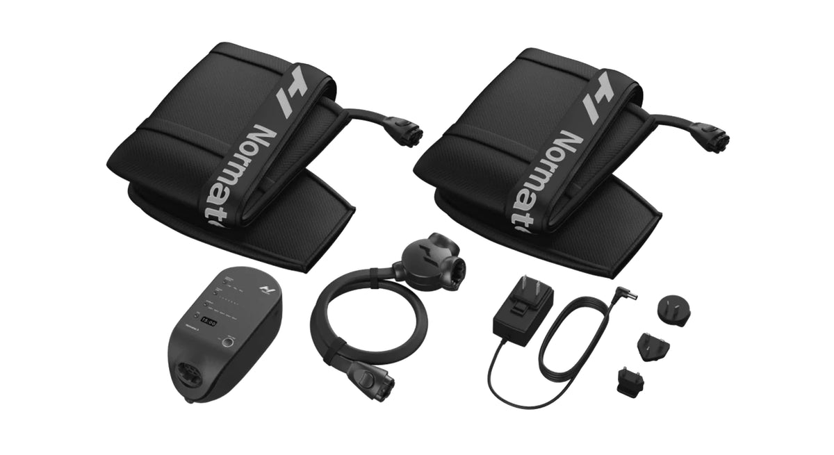 An image showing everything that comes in a shipment of Normatec 3 Legs.