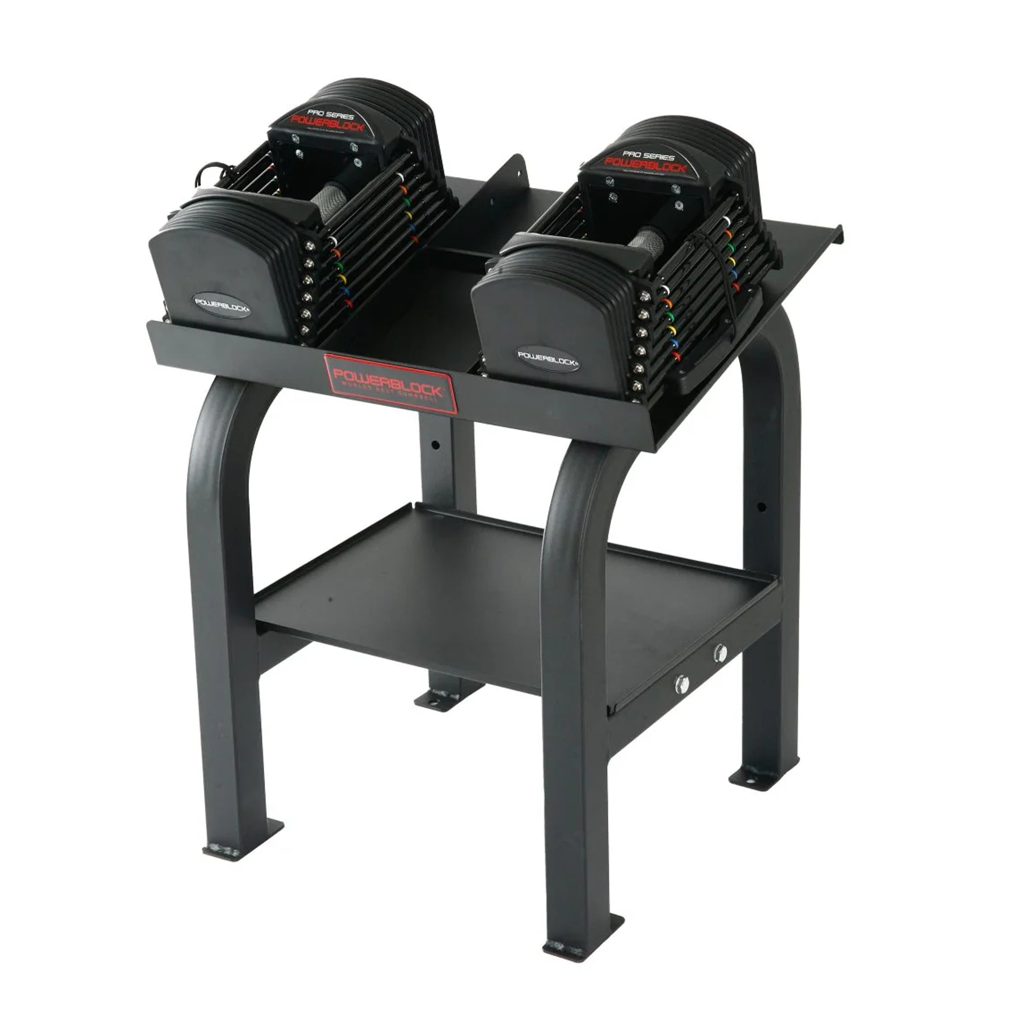 A PowerBlock Commercial Pro Rack Stand with dumbbells on it