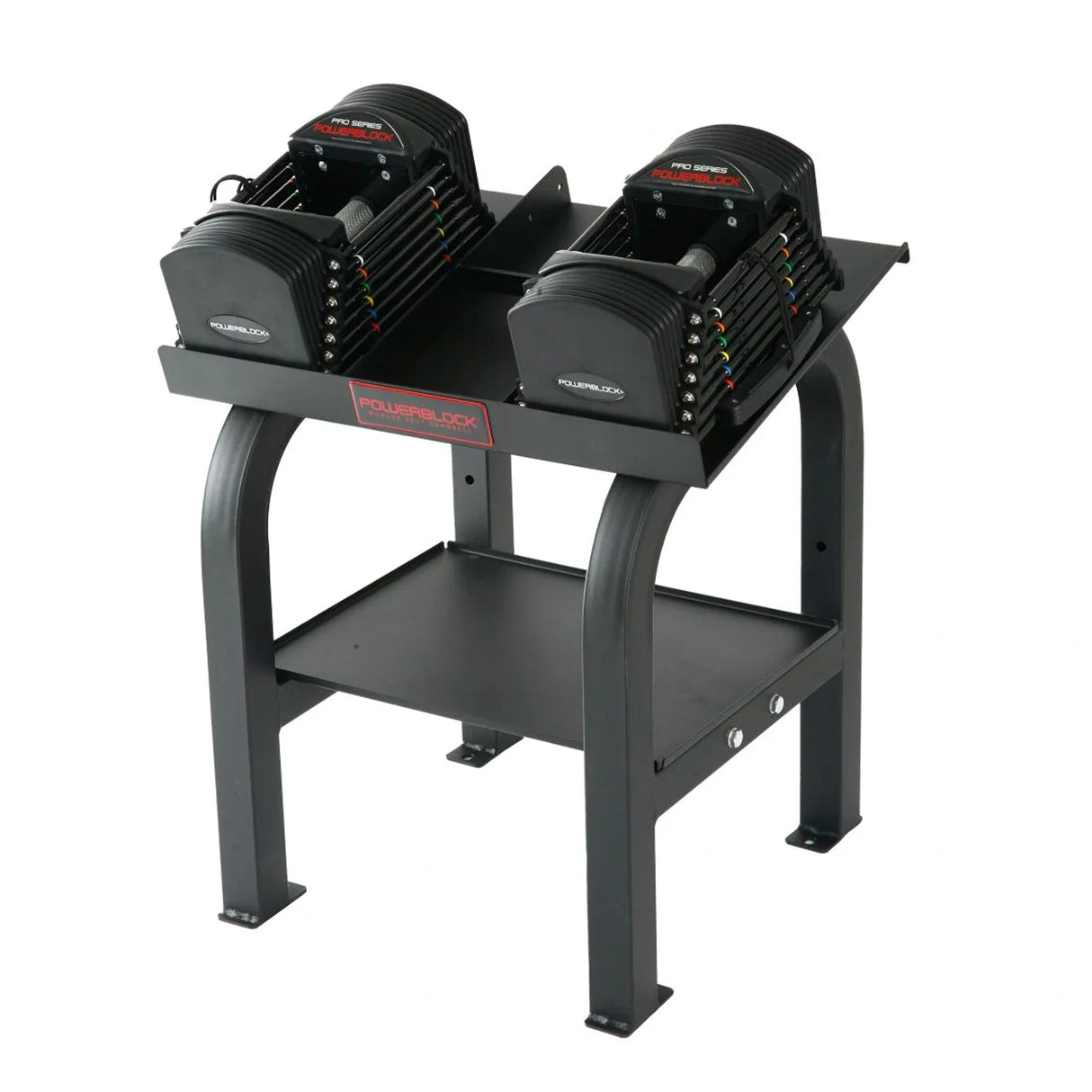 A PowerBlock Commercial Pro Rack Stand with dumbbells on it