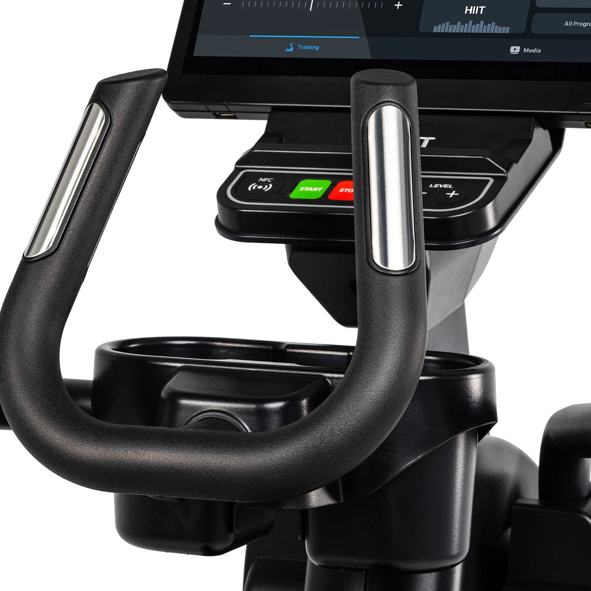 Extreme close-up of the Spirit Fitness CE1000ENT Elliptical handlebar grips and control panel shows the NFC reader, green Start and red Stop buttons, Level adjustment buttons, and integrated cup holder. Brand: Spirit Fitness.