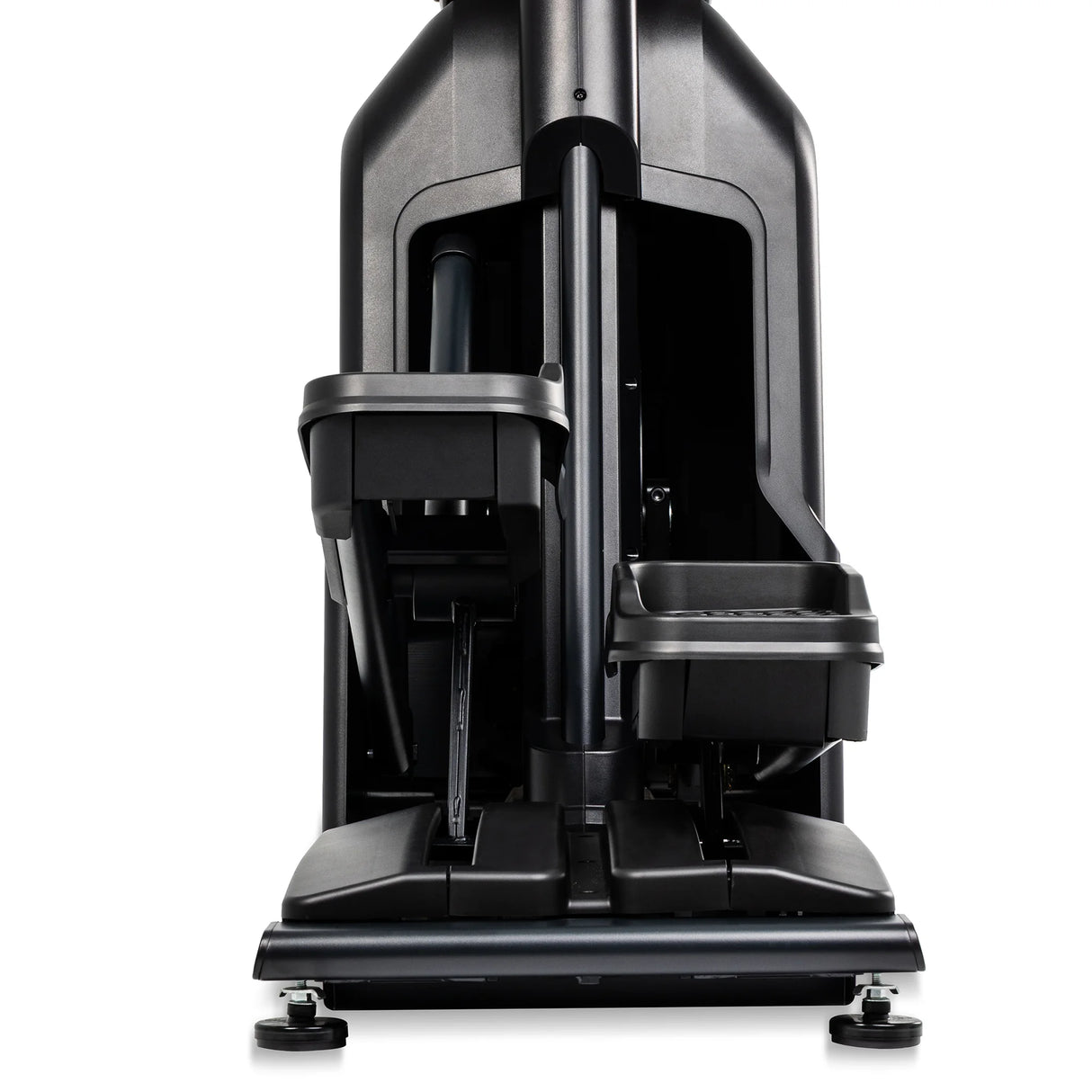 Close-up view into the base of the Spirit Fitness CE1000ENT Elliptical shows the internal linkage arms, stride mechanism, and cup holder tray beneath the console mount.