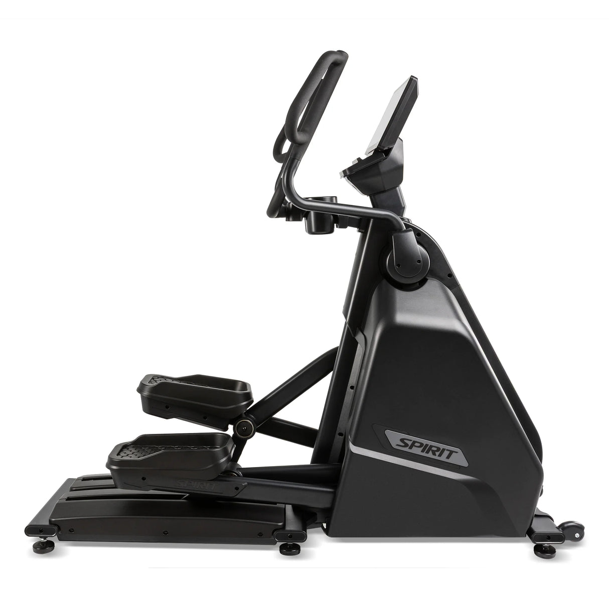 Right side profile of the Spirit Fitness CE1000ENT Elliptical showing the full elliptical stride path, console arm, handlebar loop, and Spirit logo on the shroud, on a white background.