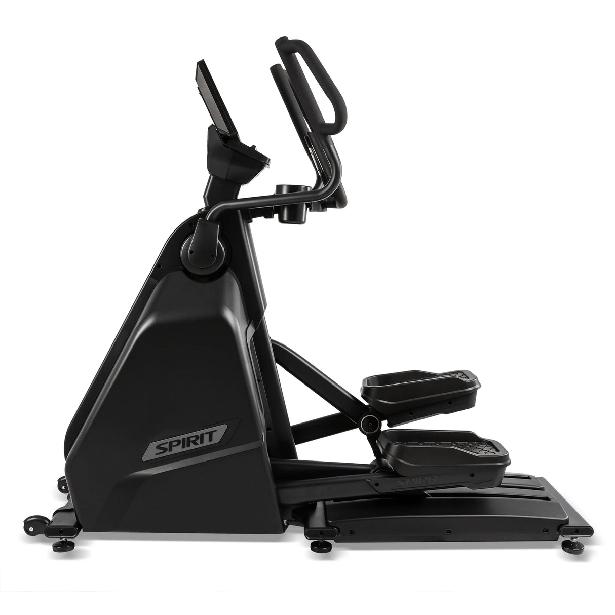 Left side profile of the Spirit Fitness CE1000ENT Elliptical highlighting the elliptical motion arms, foot platforms, and black shrouded frame with Spirit branding, on a white background.