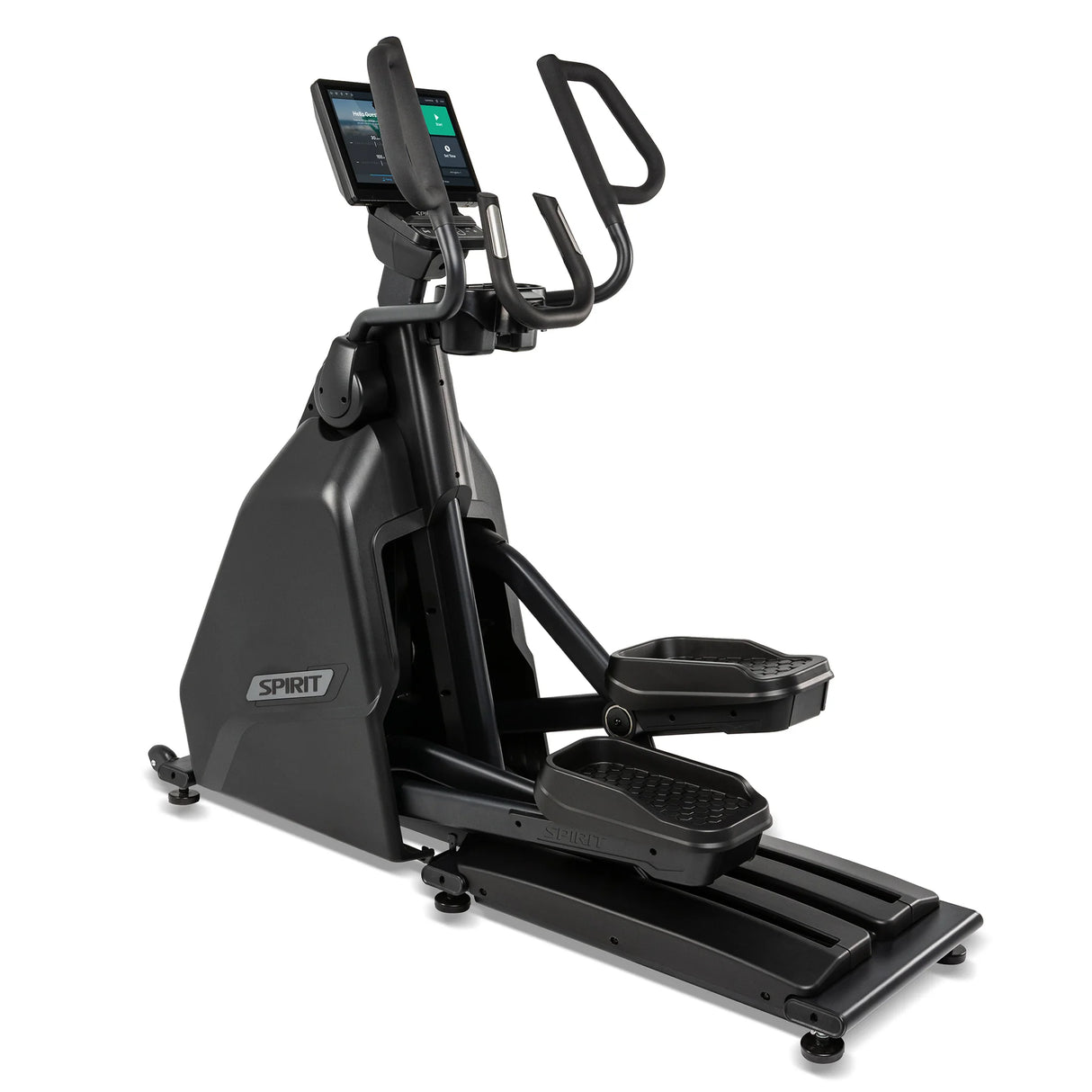 Front angled view of the Spirit Fitness CE1000ENT Elliptical with the console screen illuminated to the Hello Guest start screen, moving handlebars raised, and foot platforms set mid-stride.