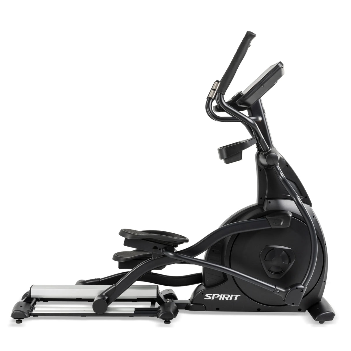 The Spirit Fitness CE800 Elliptical by Spirit Fitness, shown from the side on a white background, features handles, a digital display, and large foot pedals.