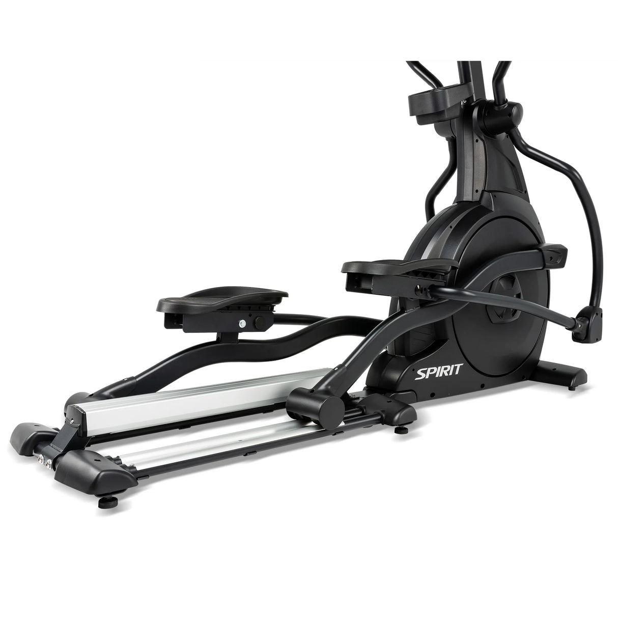The Spirit Fitness CE800ENT Elliptical by Spirit Fitness is a black indoor exercise machine featuring pedals, handlebars, and a durable, compact frame designed for efficient home workouts.