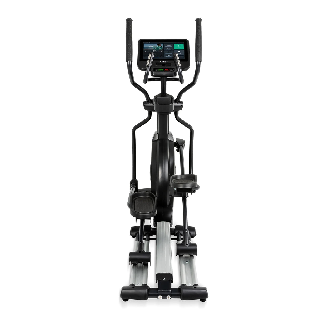 Front view of the Spirit Fitness CE800ENT Elliptical by Spirit Fitness, a black exercise machine with handlebars and a digital display, shown on a white background.