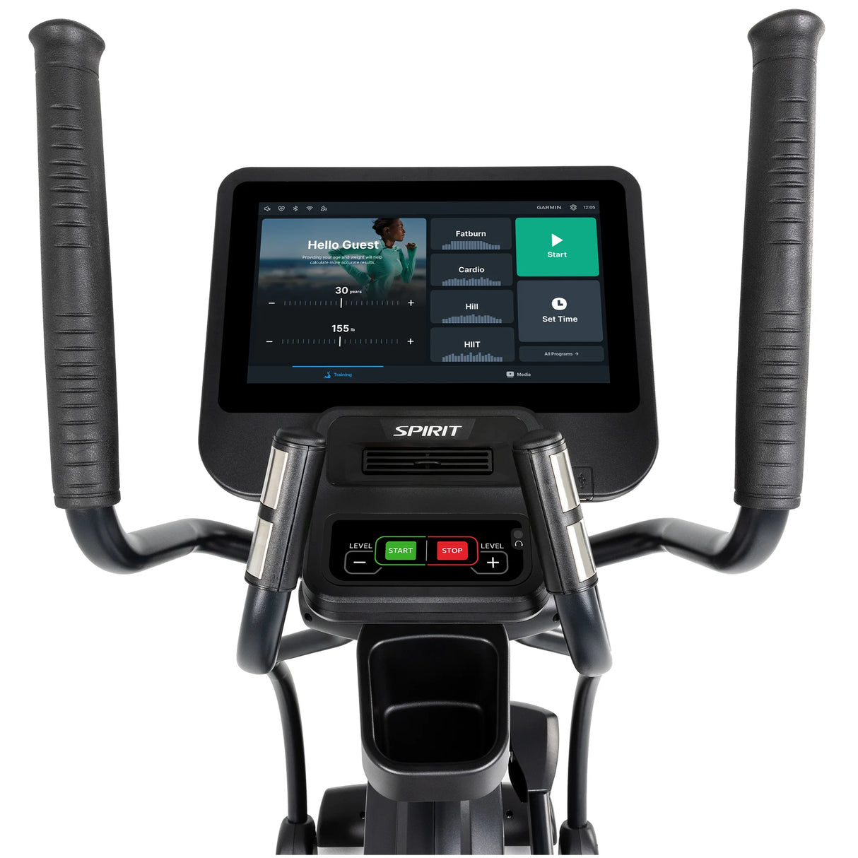 Close-up of the Spirit Fitness CE800ENT Elliptical console with hand grips, displaying a digital screen for workout options, stats, and buttons for start, stop, and level control. Brand: Spirit Fitness.