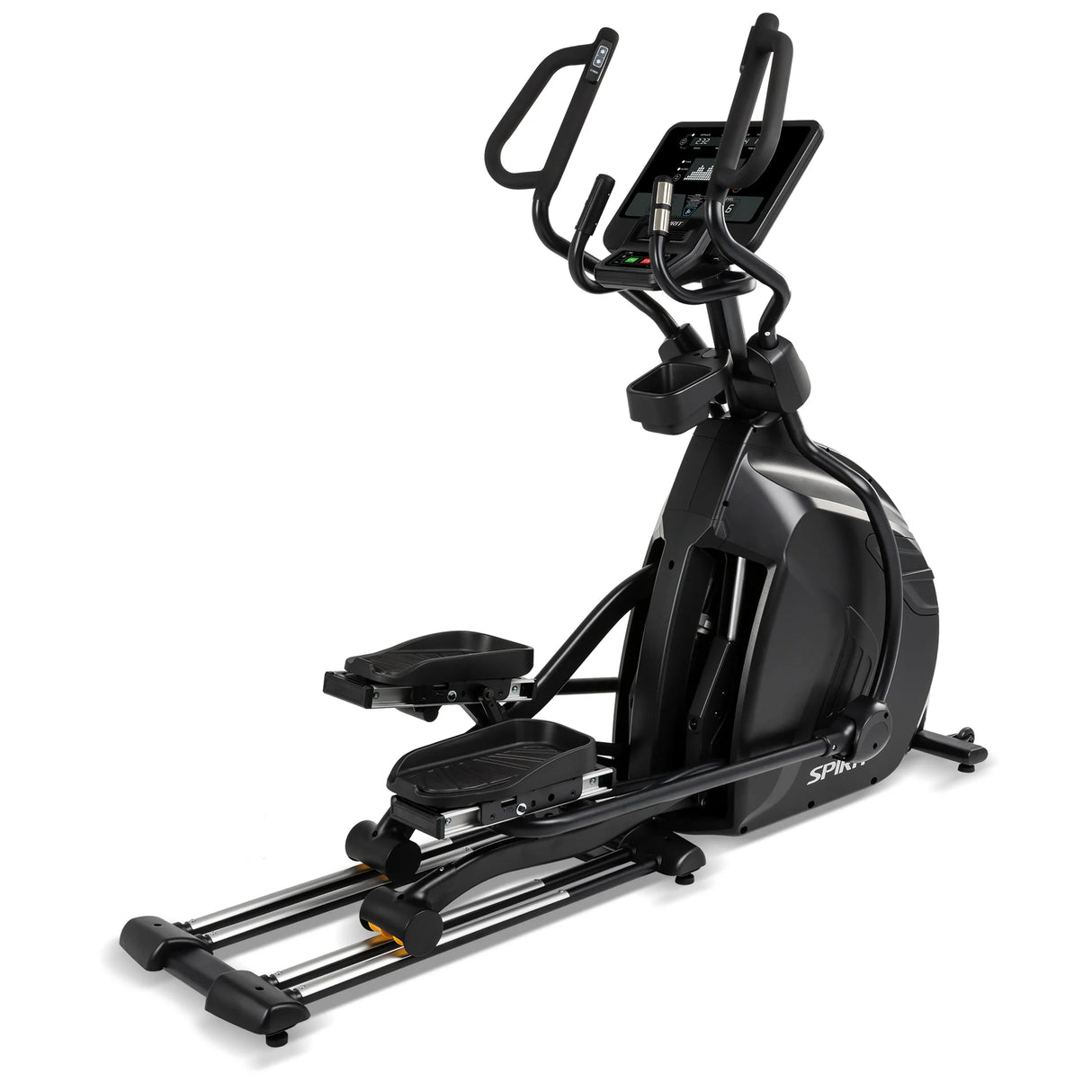 Spirit Fitness CE850 Elliptical by Spirit Fitness features a digital display console, dual handlebars, large foot pedals, and a rear-drive design, shown on a white background.