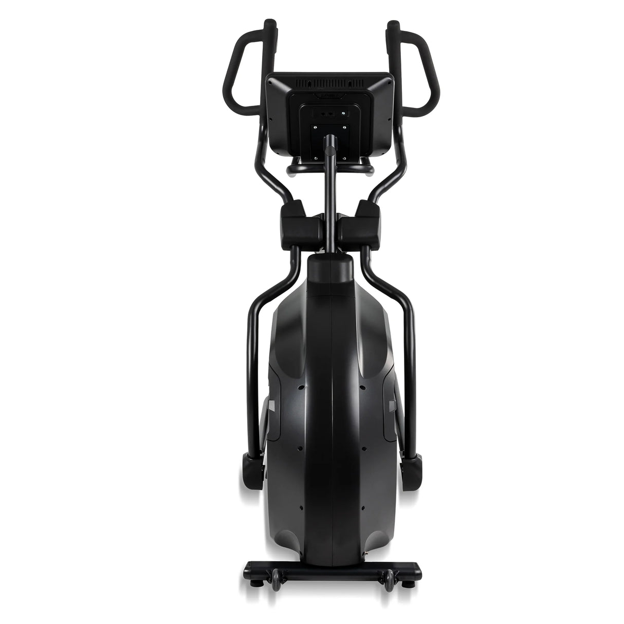 Front view of the Spirit Fitness CE850 Elliptical by Spirit Fitness in black, highlighting its handles, display screen, and sturdy frame against a white background.