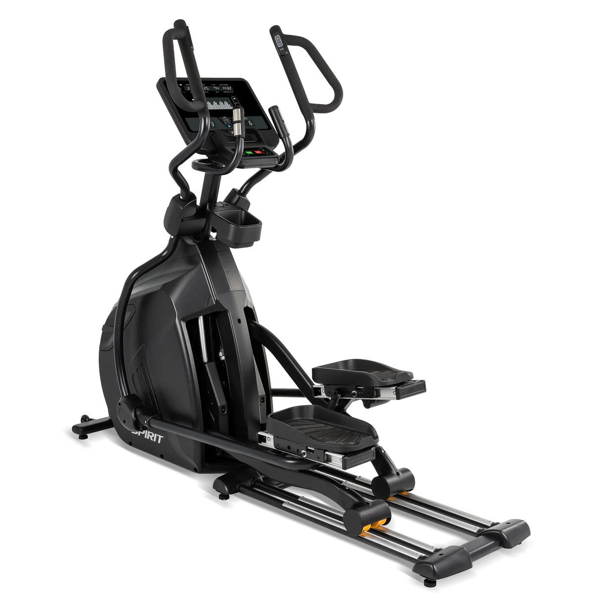 The Spirit Fitness CE850 Elliptical by Spirit Fitness, shown at a front-left angle on a white background, features a black frame, pedals, moving handles, and a digital display console.