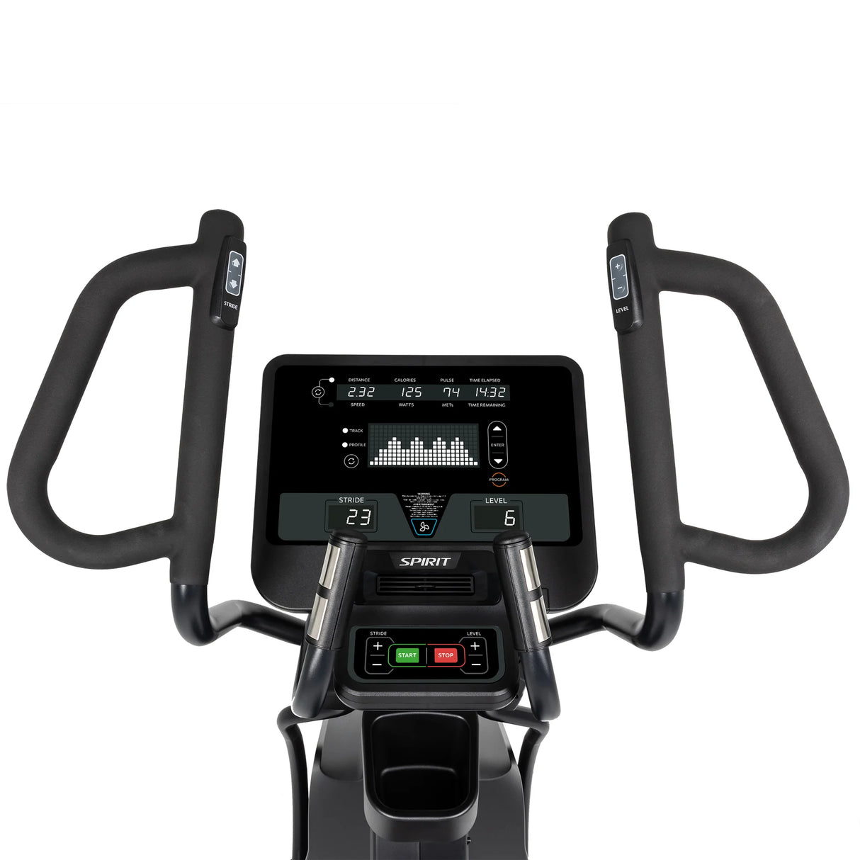 Close-up of the Spirit Fitness CE850 Elliptical’s console and handlebars. The digital display shows speed, time, distance, calories, pulse, and a heart rate graph. Control buttons from Spirit Fitness are located below the screen.