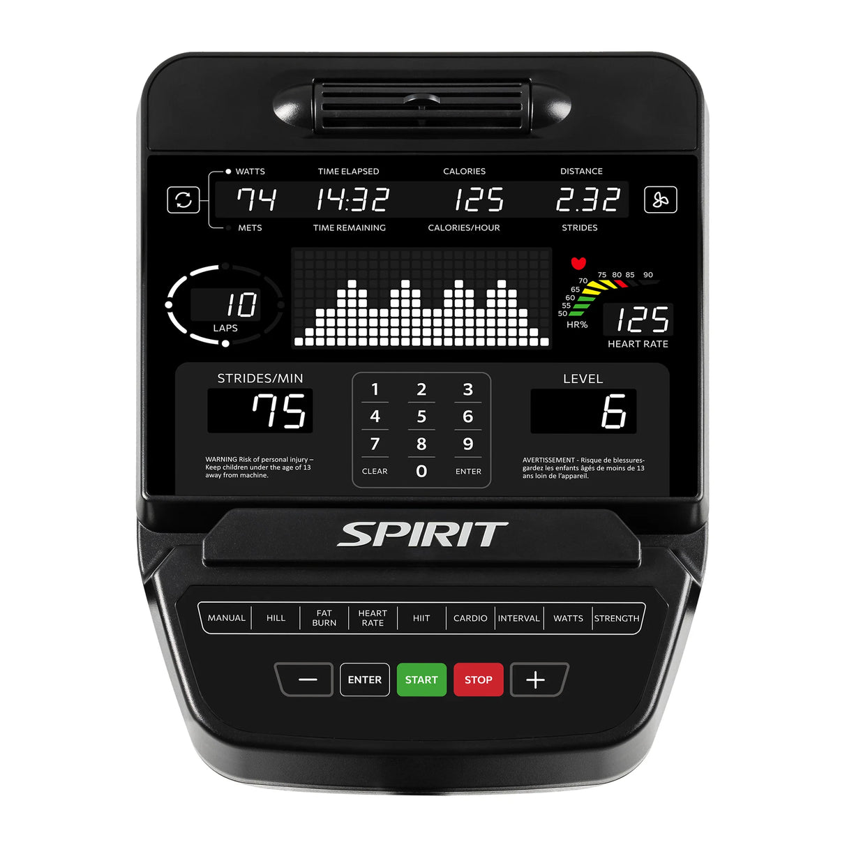 The Spirit Fitness CE900 Elliptical by Spirit Fitness features a console displaying workout stats—watts, time, calories, distance, METS, strides per minute, heart rate, laps, and resistance level—with control buttons below the screen.