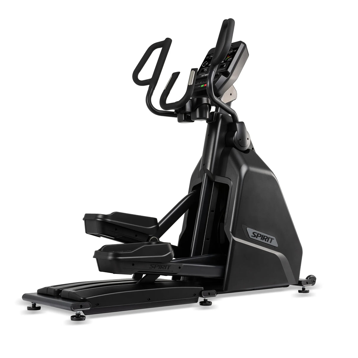 The Spirit Fitness CE900 Elliptical by Spirit Fitness is a black, modern exercise machine with a digital display, movable handlebars, and large pedals, shown on a white background. The brand name appears on the side.