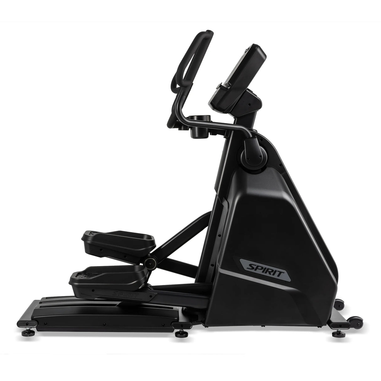 A Spirit Fitness CE900 Elliptical exercise machine in black, featuring a digital display and moving handlebars, is shown from the side against a white background.