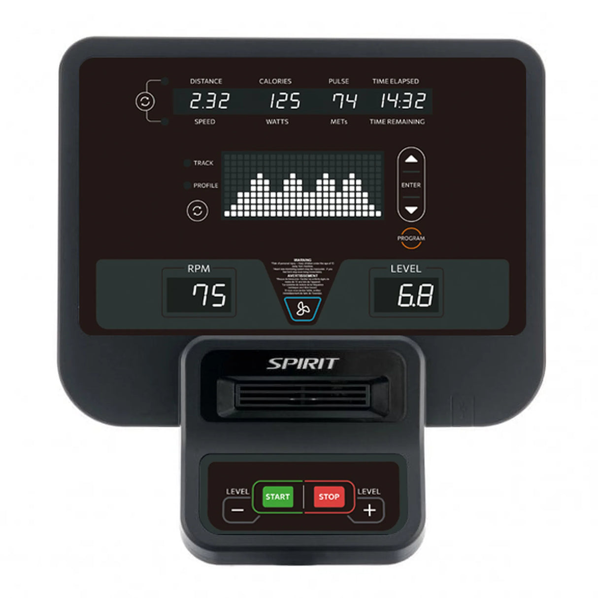 The Spirit Fitness CES880 Suspension Elliptical console shows distance, calories, pulse, and time. Below the display, it indicates an RPM of 75 and a resistance level of 6.8.