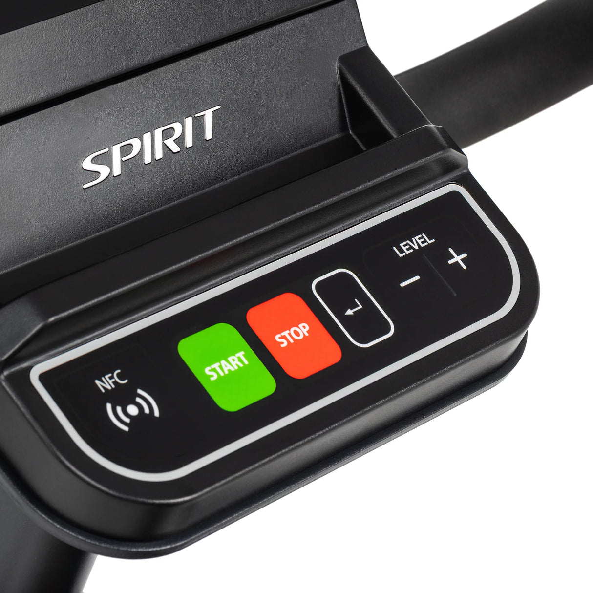 Close-up of the Spirit Fitness CR1000ENT Recumbent Bike's physical control panel showing the NFC tap zone, green Start button, red Stop button, and Level plus/minus buttons beneath the Spirit logo.