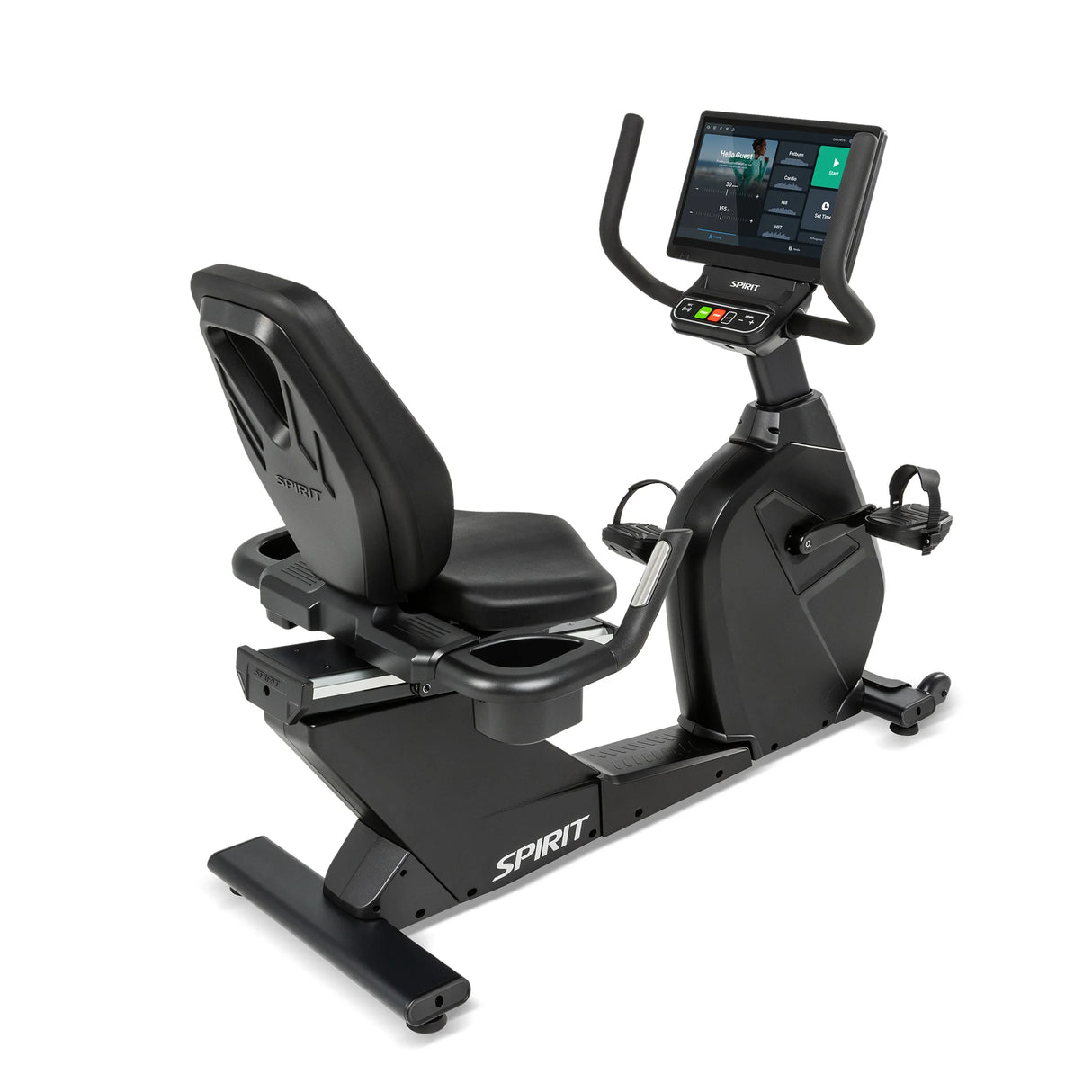 Three-quarter front view of the Spirit Fitness CR1000ENT Recumbent Bike highlighting the wide cushioned seat, adjustable backrest with carry handle, pedals with foot straps, and console mounted on a tall mast.
