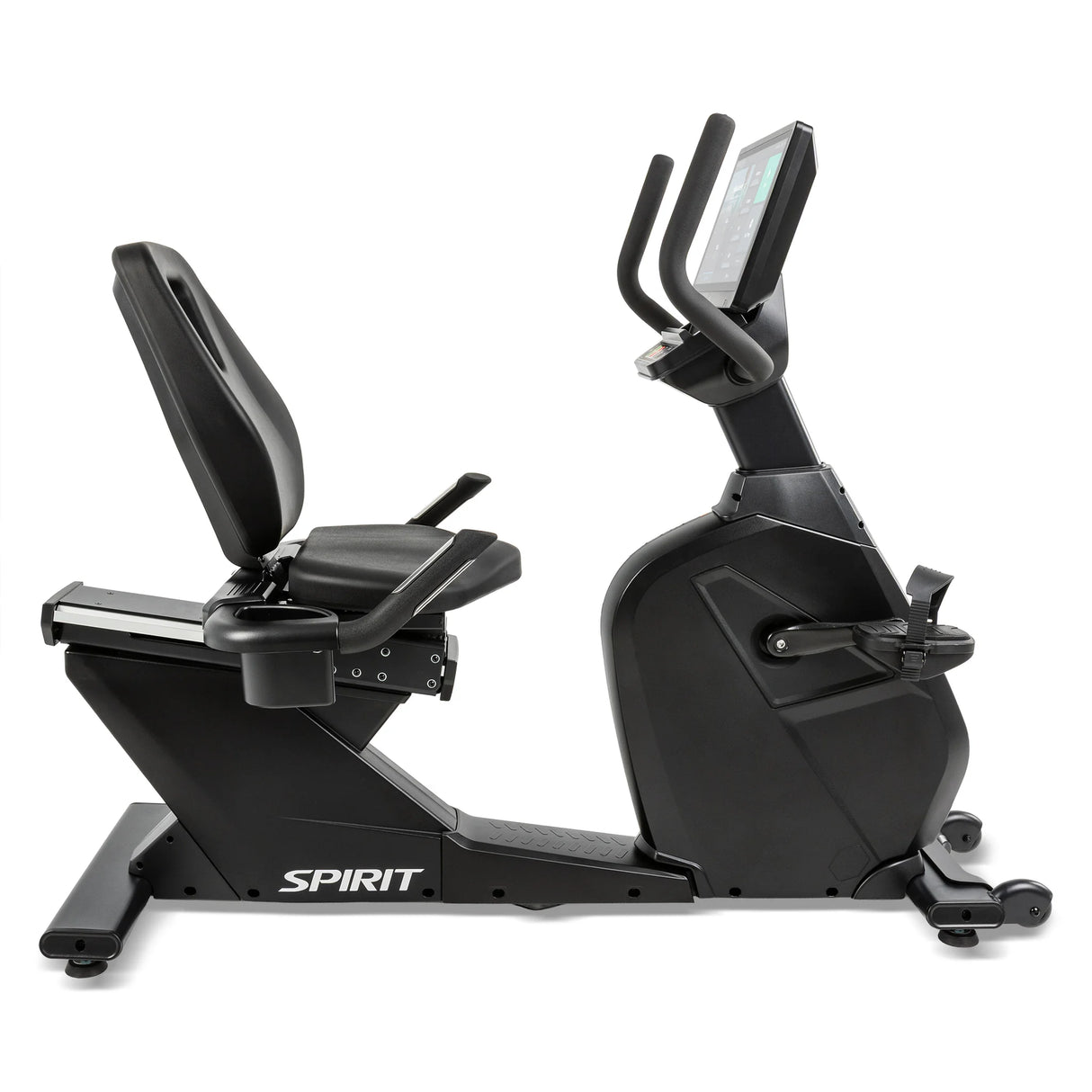 Side view of the Spirit Fitness CR1000ENT Recumbent Bike displaying the full length of the frame from the front wheels to the rear stabilizer, with the seat, backrest, and console visible in profile.